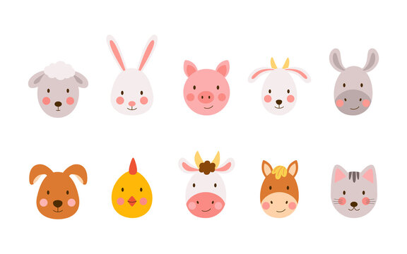 Set of cute hand-drawn farm animals in cartoon style. Happy faces of  baby animals isolated on white background
