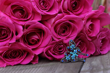 Pink Roses and Blue Butterfly Jewelry, Shallow DOF