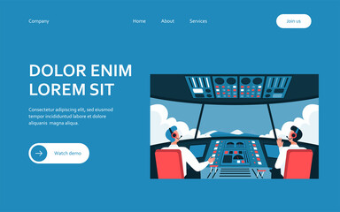 Colorful airplane cockpit isolated flat vector illustration. Two cartoon pilots sitting inside plane cabin in front of control panel. Flight crew and aircraft concept