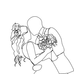 Elegant couple wearing dress kissing very attractive. One line drawing vector illustration.