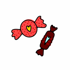 Doodle Valentines Day sweets. Hand-drawn desserts with cute hearts. Red, pink ornamented festive candy, chocolate, lollipop. Trick or treat signs. Wrapped different caramels. Vector food illustration