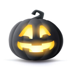 Jack O Lantern. 3D illustration of Halloween black dark pumpkin with glowing funny face expression. Isolated.