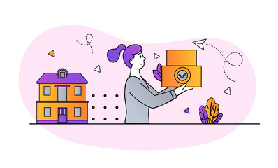 Delivery service concept. Woman carries order to client house. Convenient and safe shopping on Internet without leaving your home. Cartoon doodle flat vector illustration isolated on white background