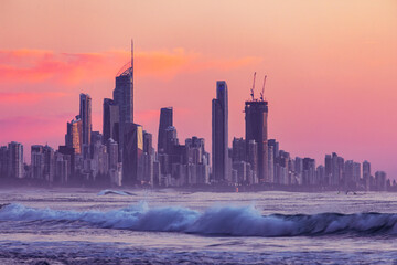 Pink sunset sunrise over Gold Coast cityscape