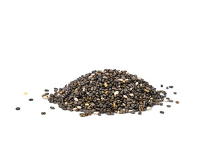 Pile of healthy chia seeds isolated on a white background