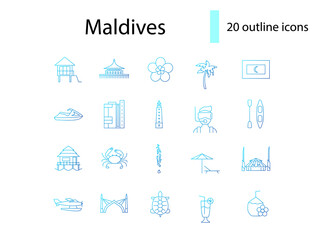 Maldives culture outline icons set. Tourism concept. Tropical resort. Water bungalows. Isolated vector illustration