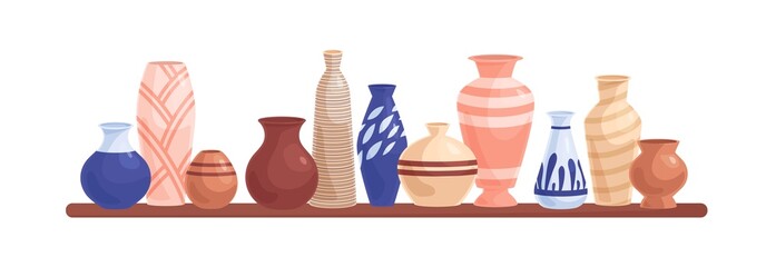 Pottery objects on shelf. Ceramic and porcelain flower vases, clay pots, and earthen vessels composition. Crockery and earthenware items. Flat cartoon vector illustration isolated on white background