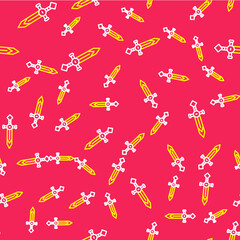 Line Medieval sword icon isolated seamless pattern on red background. Medieval weapon. Vector