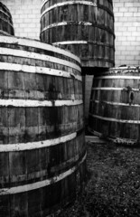 Old rusty wooden barrels