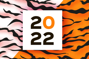 Tiger Fur. Happy Chinese New Year Greeting Card 2022. Wild Animal Holidays cartoon paper cut. Happy New Year. Big cat. Square Space for text. White Orange.