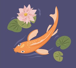 Japanese koi fish swimming in garden pond with flower. Japan traditional zen carp in water with Asian waterlily. Top view of Chinese goldfish. Colored flat vector illustration
