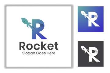 modern initial letter R with rocket launch for business start up, corporate identity, travel logo template