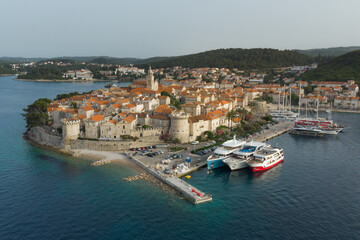 Fototapeta na wymiar Aerial drone view of Korcula historical old town, Dalmatia, Croatia.