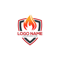 Fire protection Logo with shield and flame vector Icon