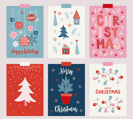 Fototapeta na wymiar Six Christmas greeting cards with stars, balls, baubles, house, garland,