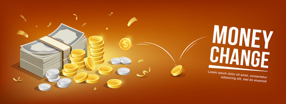 Banknote silver coins and gold coins bounce concept banner design, on orange background, Eps 10 vector illustration