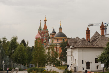Moscow, Russia. St. Basil's catherdral and old buildings at Varvarka street. View from Zaryadye park