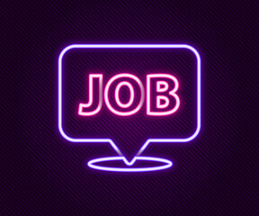 Glowing neon line Speech bubble with job icon isolated on black background. Recruitment or selection concept. Search for employees and job. Colorful outline concept. Vector