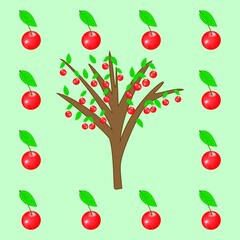 Cherries and tree seamless pattern on green