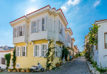 Fototapeta na wymiar Street view from Greek District in Bozcaada Island