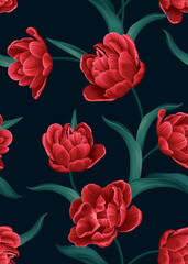 Seamless pattern of Tulip flowers background template. Vector set of floral element for tropical print, wedding invitations, greeting card, brochure, banners and fashion design.