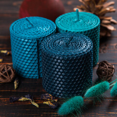 Colored, unusual handmade candles, an element of the interior.