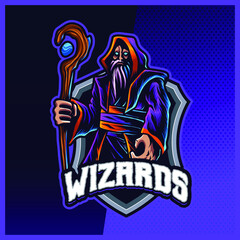 Dark Wizard Magician mascot esport logo design illustrations vector template, Witch ,Magician wand logo for team game streamer youtuber banner twitch discord, full color cartoon style