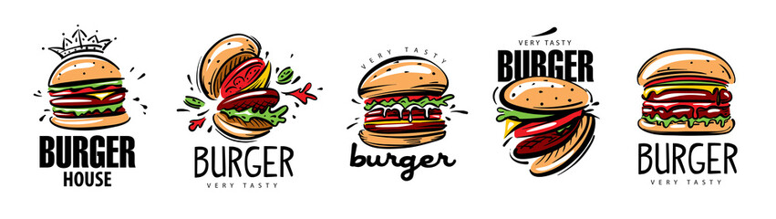 Hand drawn set of vector burger logos on white background - 452864764