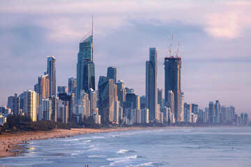 Gold Coast Cityscape and beach, cloudy skies at sunrise