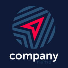 Determined, successful, suggestive of a positive vision, pointing upwards, simbolic delta airplane shaped stylized arrow with geometric striped solution arranged in a circle. For corporate identity