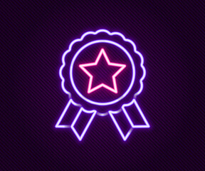 Glowing neon line Medal with star icon isolated on black background. Winner achievement sign. Award medal. Colorful outline concept. Vector