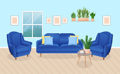 Modern living room interior with furniture and home plants. Design of a cozy room with a sofa, armchairs, plants and decor items. Vector flat style illustration. lounge room.