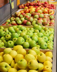 Red green and yellow apples sold in a fruit market stall
