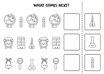 Naklejka premium What comes next game with black and white school supplies.
