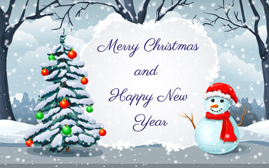 Christmas greeting card or banner with winter landscape, snowman, and Merry Christmas lettering. Winter snowy day scene with forest, snowfall, snowman and text place. wintertime holiday background.