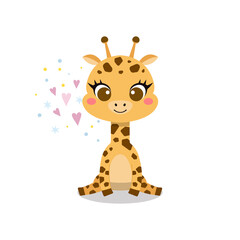 Cute baby giraffe in sitting pose. Flat vector cartoon illustration