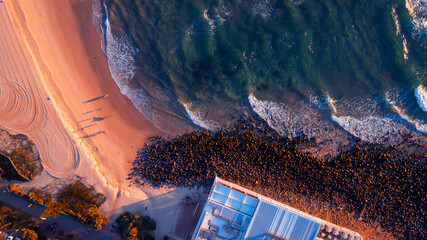 Top down view of Burleigh beach rocks and ocean, Gold Coast