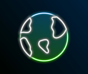 Glowing neon line Earth globe icon isolated on black background. World or Earth sign. Global internet symbol. Geometric shapes. Colorful outline concept. Vector