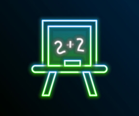 Glowing neon line Chalkboard icon isolated on black background. School Blackboard sign. Colorful outline concept. Vector