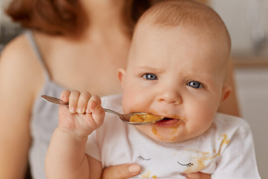 Close Up Portrait Of Cute Little Baby With Spoon In Hands, Kid Trying To Eat Puree, Looking At Camera While Sitting On Mother's Knees, Complementary Feeding.