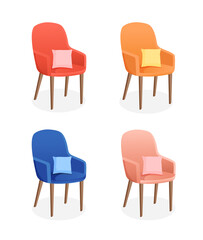 Set of cozy chairs and pillows on an isolated white background. Vector illustration of a home chair for the interior. Modern furniture for living room, bedroom, lobby. Icon, element.