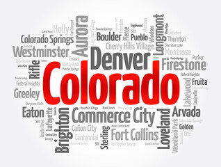 List of cities in Colorado USA state, word cloud concept background