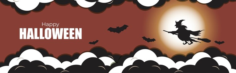 Vector illustration of halloween festival with scary pumpkins, flying bats, witch and her broom in front of fullmoon, spooky night Halloween poster.