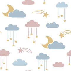 Seamless pattern with moon and stars hanging from clouds