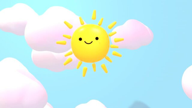 Looped cartoon animation of cute smiling sun with winking eye effect and white clouds in the blue sky.
