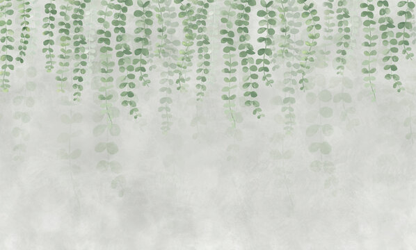 The painted leaves on top. Photo wallpapers for the wall. Mural in the living room. Watercolor leaves. Tropical leaves on a gray background. © antura