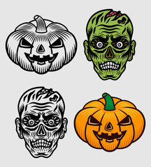Halloween set objects zombie head and pumpkin vector elements in two styles black and colorful