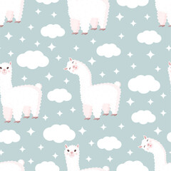 Seamless pattern with funny llama, clouds and stars on a gray background. Vector illustration suitable for baby texture, textile, fabric, poster, greeting card, decor. Cute alpaca from Peru.