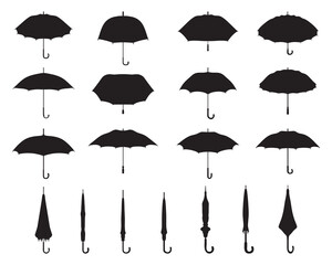 Black silhouettes of open and closed umbrellas on a white background © NikolaM