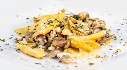 Ravioli with clams. Italian regional food. Gourmet restaurant food. - 452872994